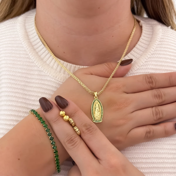 Conjunto Completo Guadalupe: Cadena, Pulsera Tenis, Topos y Candongas